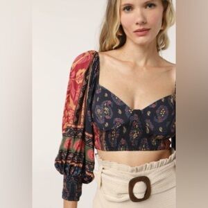FARM Rio Ayla Navy Blue Cropped Blouse Size Large